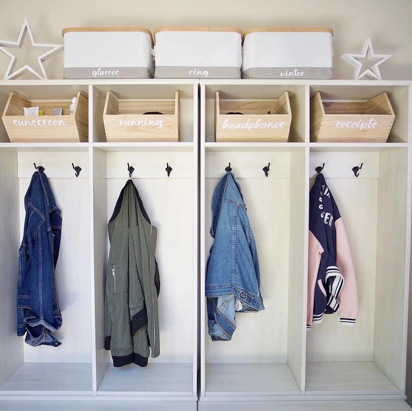 A real Beautiful Life entryway organizing project with labeled storage bins